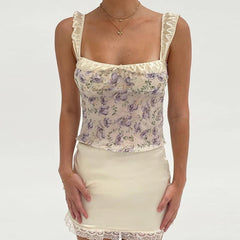 Pydshop French Romance 2 Piece Set Floral Print Crop Tops + Lace Trim Satin Mini Skirt Ruched Strap Backless Tie Up Camis