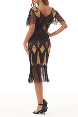College Formal Patchwork Tassel Bead Tube Zipper V Neck Evening Dress Dresses