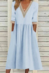 Elegant Solid Patchwork V Neck A Line Dresses(4 Colors)