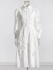 White Lace Puff Sleeve High Waist Slit Dress