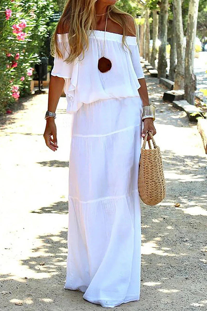 Casual Daily Solid Off The Shoulder Beach Dress Short Sleeve Dress(3 Colors)