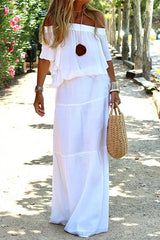 Casual Daily Solid Off The Shoulder Beach Dress Short Sleeve Dress(3 Colors)