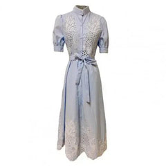 Elegant Embroidered Belted Lace-Up Dresses