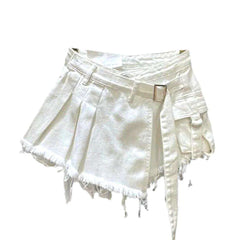 Asymmetric Pleated Mini Denim Skort