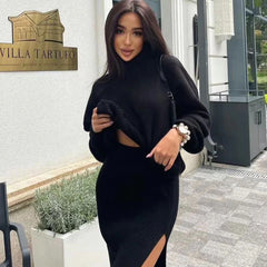 Turtleneck Sweater High Split Midi Skirt Matching Set - Black