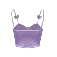 Butterfly Applique Hook And Eye Silky Satin Corset Top - Purple