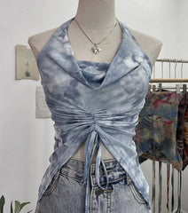 Pydshop Women'S Resort Swing Collar Drawstring Strap Halter Vest Tie-Dye Mesh Top Sexy Backless Irregular Vest Party Leisure Essential