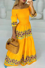 Bohemian Geometric Print Off The Shoulder Printed Dress Dresses