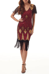 College Formal Patchwork Tassel Bead Tube Zipper V Neck Evening Dress Dresses