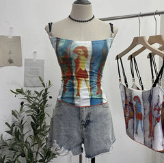 Pydshop Women'S Retro Print Chic Camisole Top Sexy Slim Fit Camisole Short Sleeveless Tube Top 8830 Party Casual Holiday Street Outfits