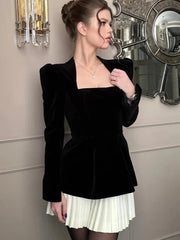 Elegant Black Velvet Mini Dress With Long Sleeves