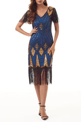 College Formal Patchwork Tassel Bead Tube Zipper V Neck Evening Dress Dresses