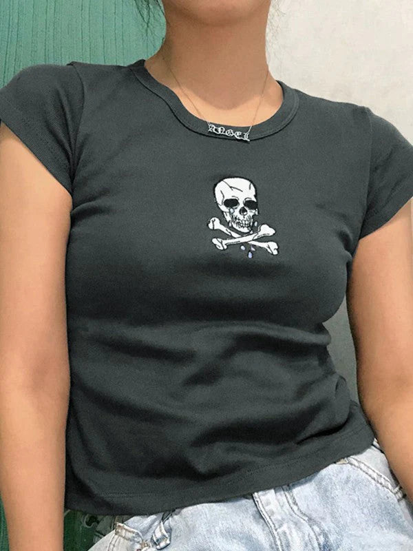 Skull Embroidery Short Sleeve Tee