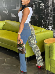 Camouflage Denim Patchwork Pants With Pockets