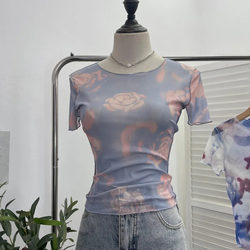 Pydshop Women'S 2024 Retro Thin Mesh Butterfly Print Slim Short Sleeve T-Shirt Women'S Summer Short Hot Girl Top Holiday Mini Summer Tee