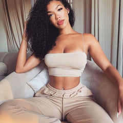Spaghetti Strap Square Neck Crop Tank Top - Apricot
