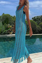Sexy Solid Tassel Hollowed Out V Neck Sling Dress Dresses