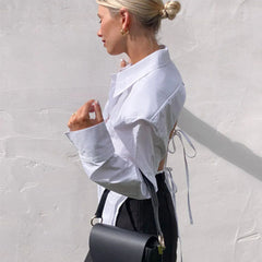 Shoulder Pad Pointed Collar Tie String Blouse - White