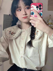 Pydshop Kawaii Shirt Women Floral Embroidery Peter Pan Collar Long Sleeve Blouse Japan Elegant Fashion Design Harajuku New Tops