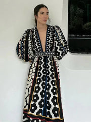 Elegant Floral Print Puff Sleeve Maxi Dress