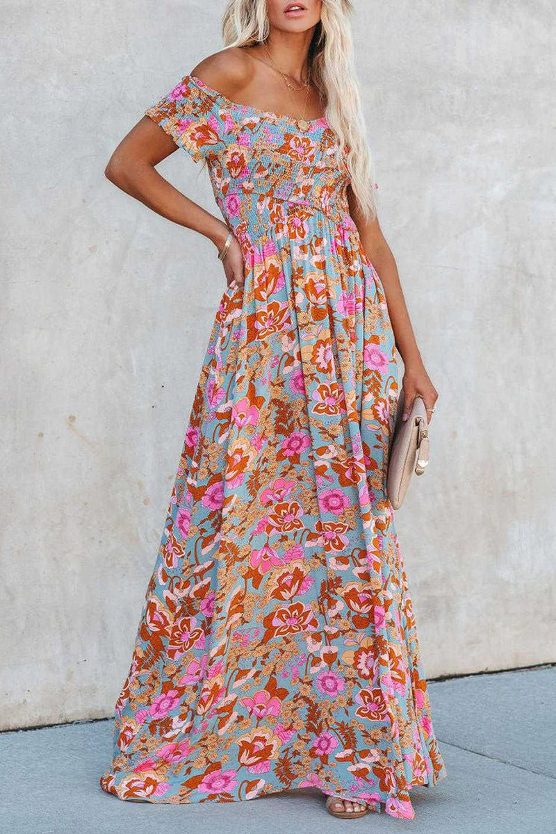 Elegant Vacation Floral Patchwork Off The Shoulder Printed Dress Dresses