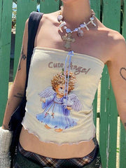 Angel Print Lace Up Bandeau Top