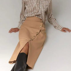 Split Front High Waist Wrap Midi Skirt - Khaki