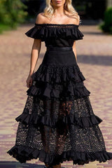 Celebrities Elegant Solid Lace Hollowed Out Without Belt Off The Shoulder A Line Dresses