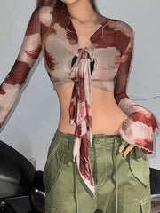 Tie Strap Mesh Cropped Long Sleeve Blouse