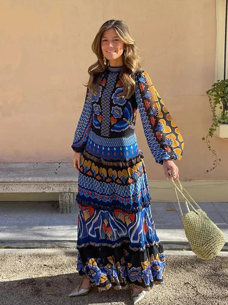 Vintage Print Loose Fit Maxi Dress