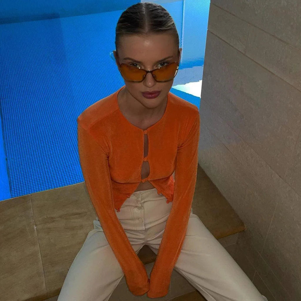 Round Neck Long Sleeve Crop Top - Burnt Orange
