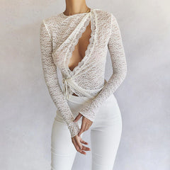 Sheer Cutout Tie Front Long Sleeve Lace Top - White