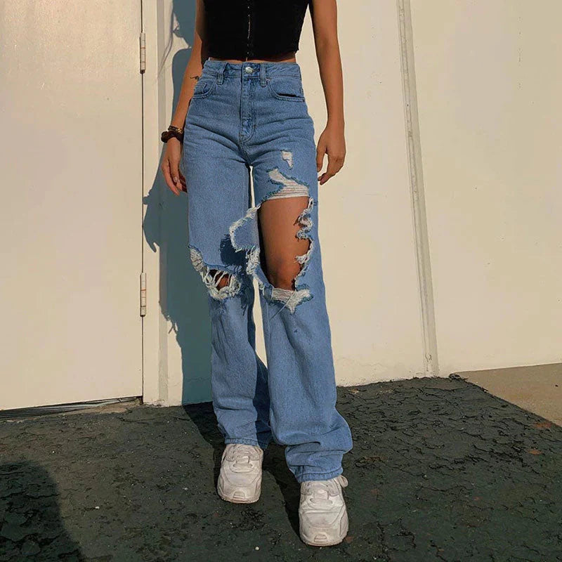 90S Distressed Cutout High Waist Wide Leg Jeans - Blue