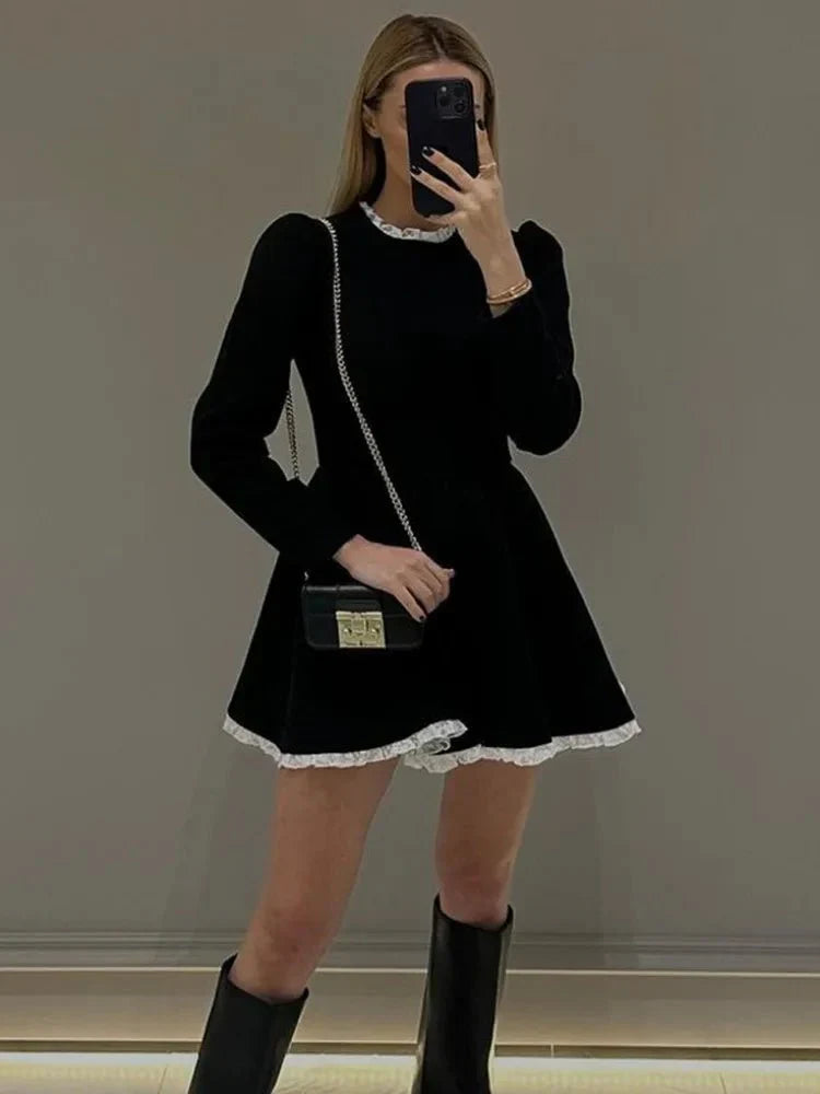 Splice Lace Mini Flare Dress