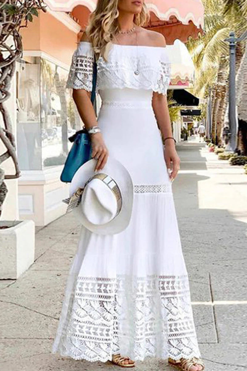 Sexy Solid Hollowed Out Off The Shoulder Lace Dress Dresses