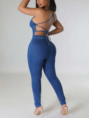 Halter Lace-Up Denim Jumpsuit