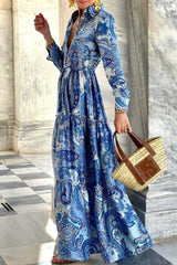 Street Print Buckle Polo Collar A Line Dresses(3 Colors)