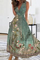 Casual Print Patchwork V Neck Sleeveless Dresses(4 Colors)