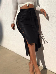 Pu Belted Button-Side Irregular Hem Skirt