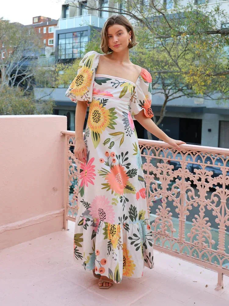 Elegant Boho Lantern Sleeve Dress