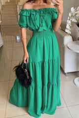 Casual Solid Patchwork Off The Shoulder Short Sleeve Dress Dresses