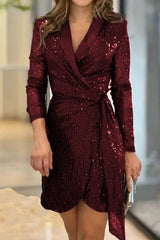 Casual Solid Sequins Frenulum Turn-Back Collar Suit Dress Dresses(4 Colors)