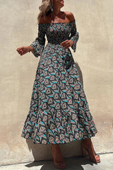 Elegant Print Patchwork Off The Shoulder Irregular Dress Dresses