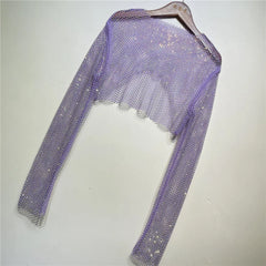 Pydshop Taruxy Sparkly Crystal T-Shirts Women O-Neck Hollow Out Sexy See Through Tank Tops Night Partywear Crop Shirts Tee Y2K Tops Christmas Gifts