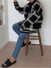 Men'S V Neck Checkered Cardigan