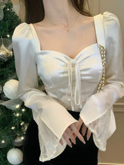 Pydshop 2023 Spring Long Sleeve Elegant Satin Blouse Women Slim Square Neck Y2K Clothing Korean Fashion Casual Shirts Office Lady Tops