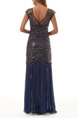 Elegant Formal Patchwork Sequins Beading Zipper O Neck Evening Dress Dresses