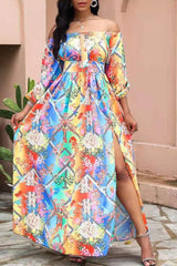 Fashion Print Off The Shoulder Waist Skirt Dresses(4 Colors)