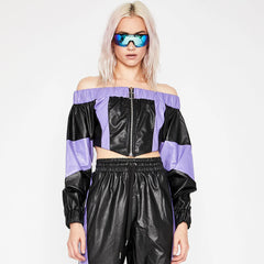 Color Block Off Shoulder Zip Front Crop Top - Black