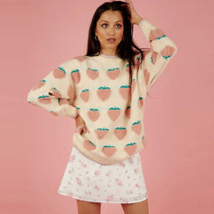 Adorable Strawberry Crew Neck Knit Pullover Sweater - Pink